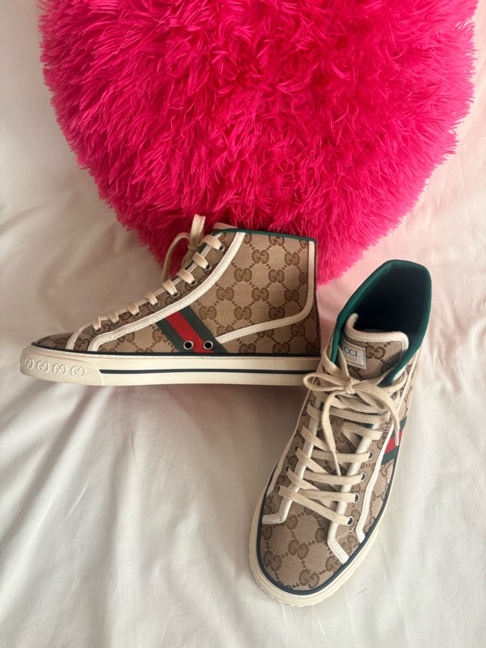 Gucci Women Beige GG Canvas High-Top Sneakers with Green and Red Trim - Picture 6 of 10